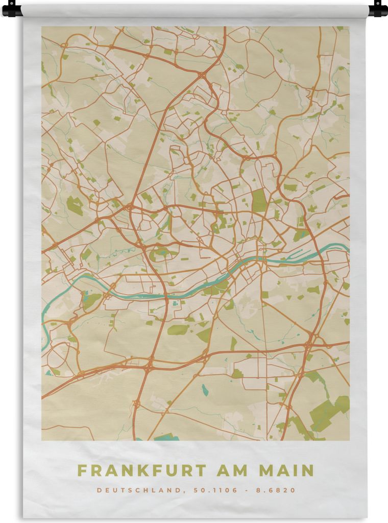 MuchoWow Wandteppich Wandbehang Stadtplan - Frankfurt am Main - Karte - Vintage 90x135 cm Tapisserie Dekoration Wandtuch - Baumwolle - Wandskulptur