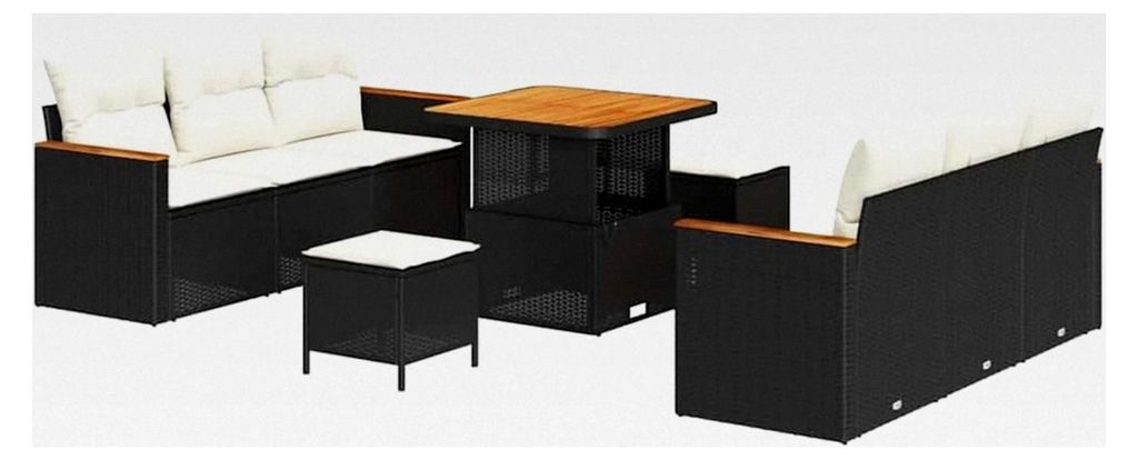 Garten-Sofa-Set mit Kissen in Schwarz aus Poly-Rattan