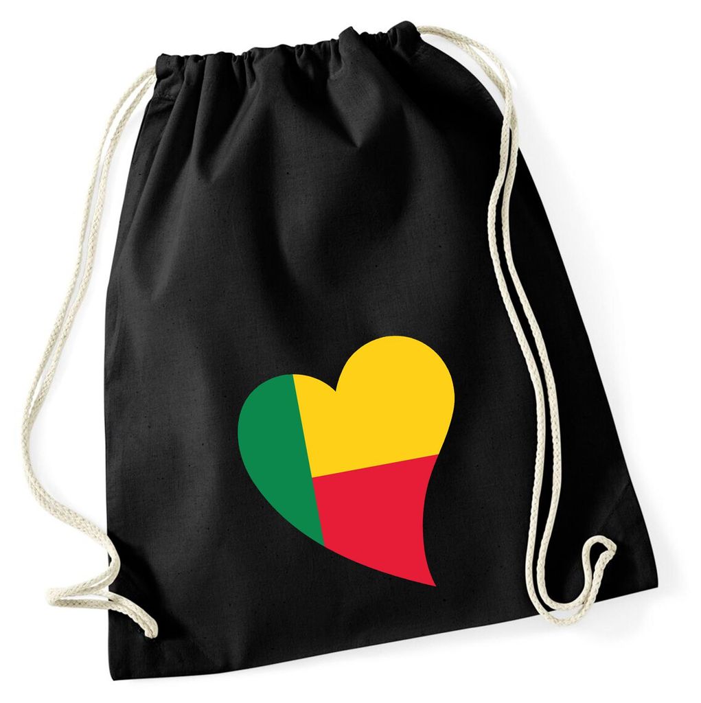 Huuraa Turnbeutel Benin Flagge Herz 12 Liter Black Baumwolle Rucksack Geschenkidee
