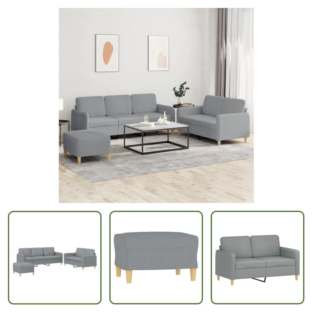 The Living Store 3-tlg. Sofagarnitur mit Kissen Hellgrau Stoff