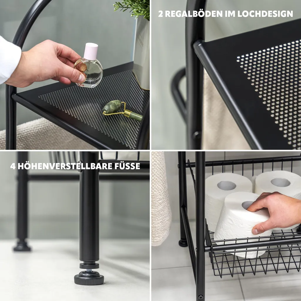 Étagère Salle de Bain 3 Étages en Métal Noir Mat, Solution Pose Libre 2en1