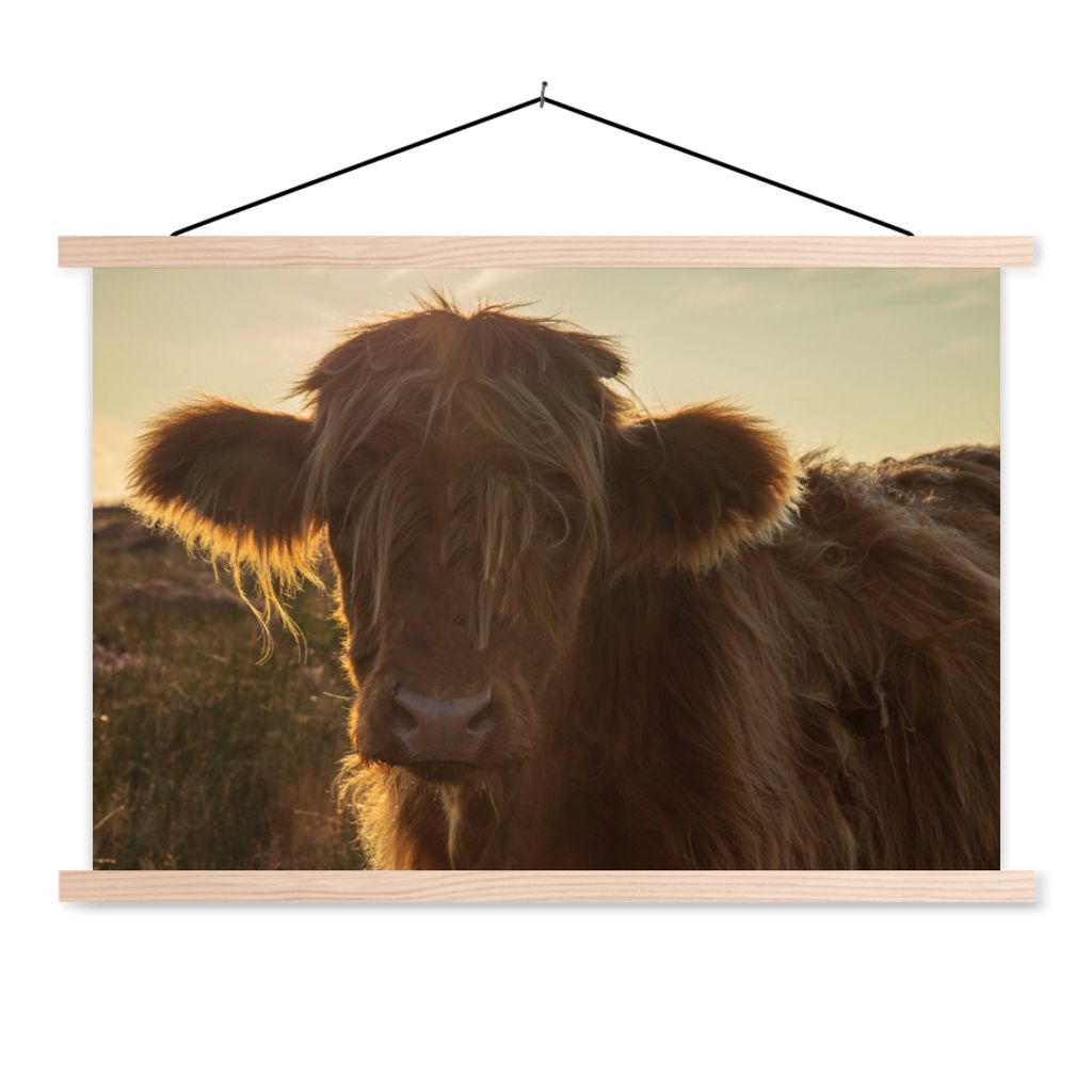 MuchoWow Textilposter Schottischer Highlander - Sonnenuntergang - Gras 120x80 cm mit holzfarbenen Rahmen - Aufhängeset