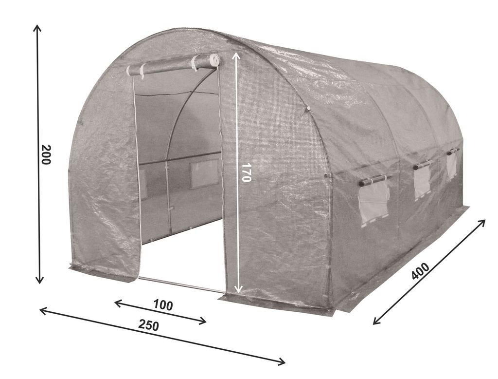 A greenhouse tent with dimensions indicated.
