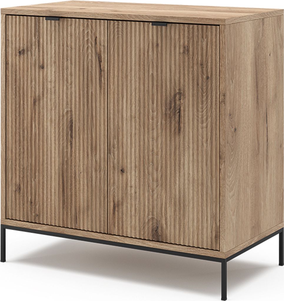 A wooden cabinet with two doors and black metal legs, shown against a white background.