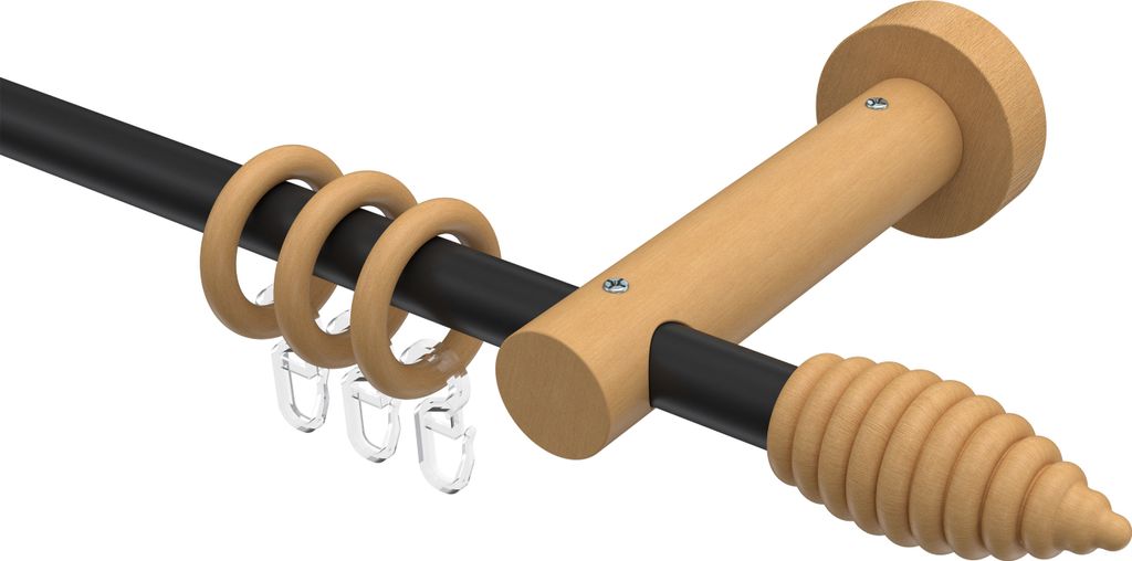 Interdeco Gardinenstange / Vorhangstange Schwarz / Buche lackiert, Typ Adrian Asta (Rillenform), 16 mm Ø 1-läufig, 180 cm