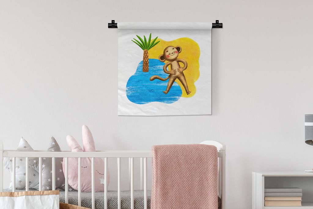 MuchoWow Wandteppich Wandbehang Affe - Palme - Meer 60x60 cm Tapisserie Dekoration Wandtuch - Dekorationen - Wand Decke