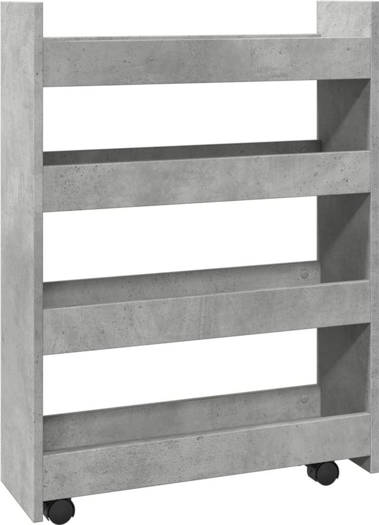 A narrow, four-tier storage cart with a concrete gray finish and wheels.