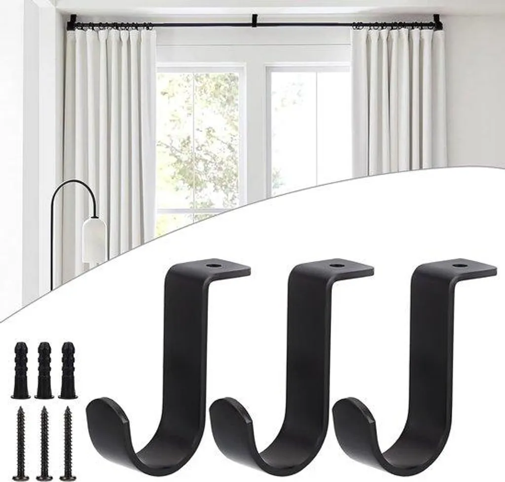 Lot de 3 supports muraux noirs en métal pour tringle à rideau de 25 mm