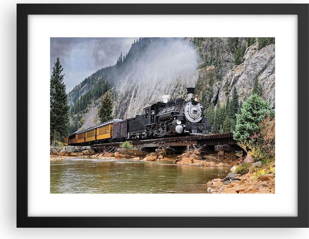 Gerahmtes Poster - Schwarzer Rahmen - Alt Lokomotive Berge - 40x30 cm - Wand Bild - Wanddeko - Wandbilder - Kunstposter - Wandposter - Bilderrahmen...