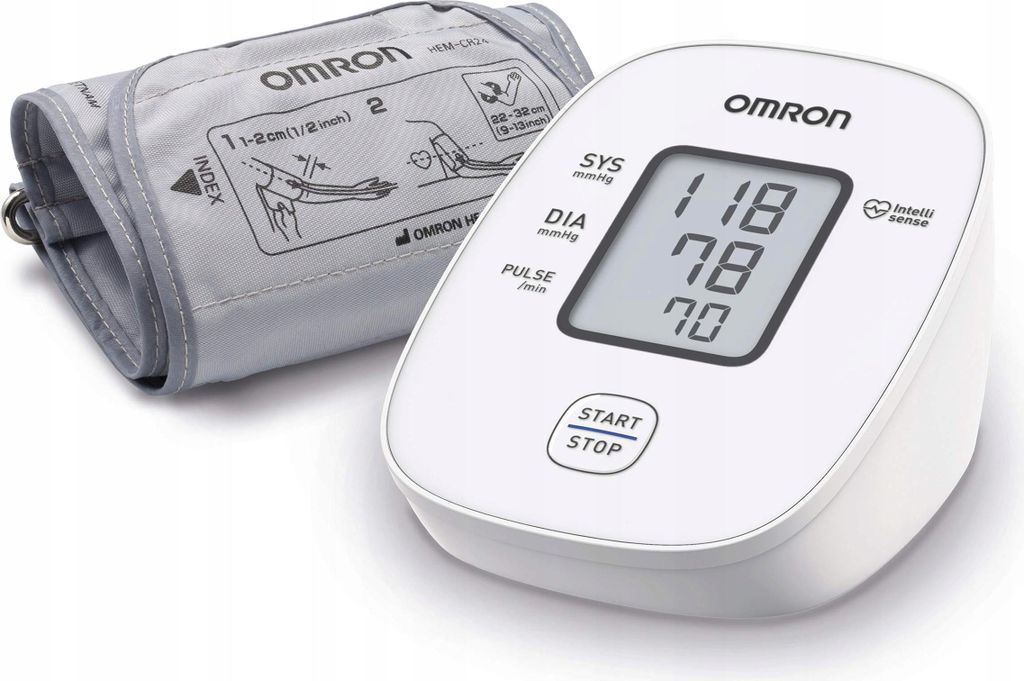 A white Omron blood pressure monitor and its gray cuff are shown on a white background.