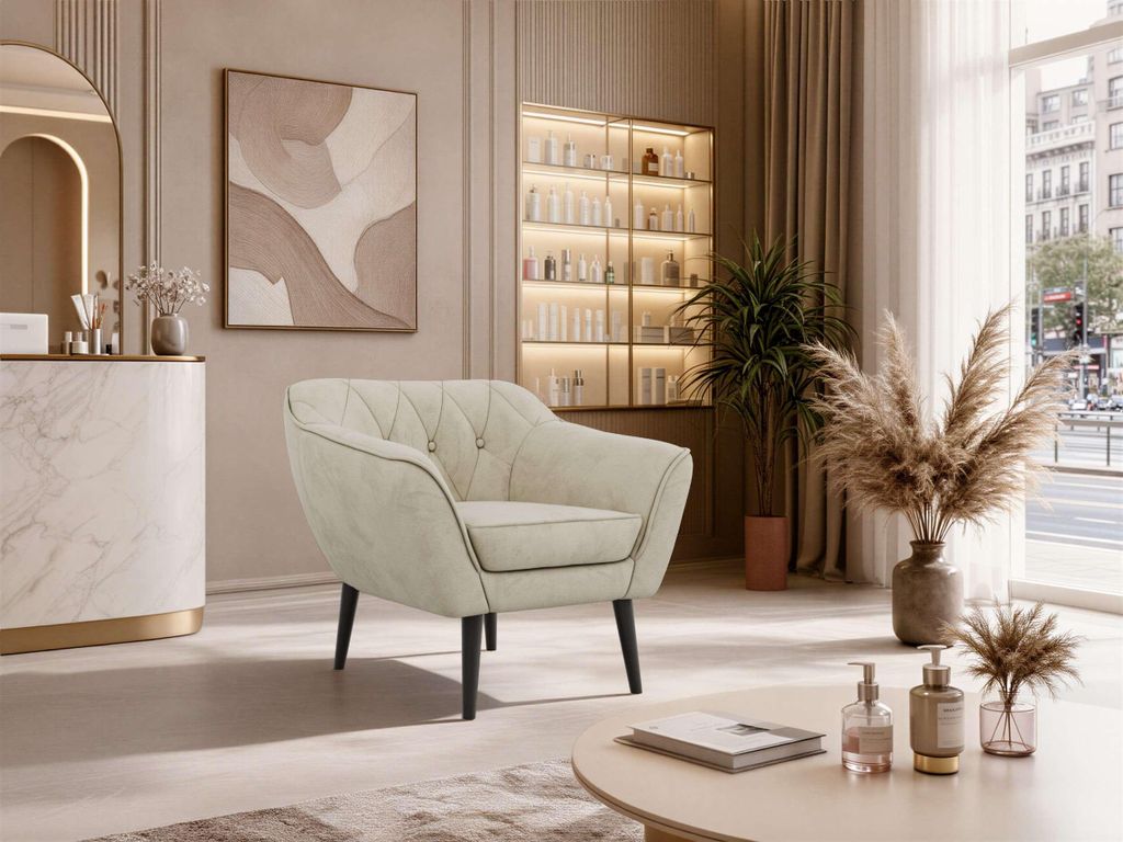 MKS MEBLE Sofa PIRS 1 Skandinavischer Stil 1-Sitzer, Sessel mit Wellenfederung, schwarze Füße, Einzelsessel, Sessel mit Armlehnen - Beige Velvet