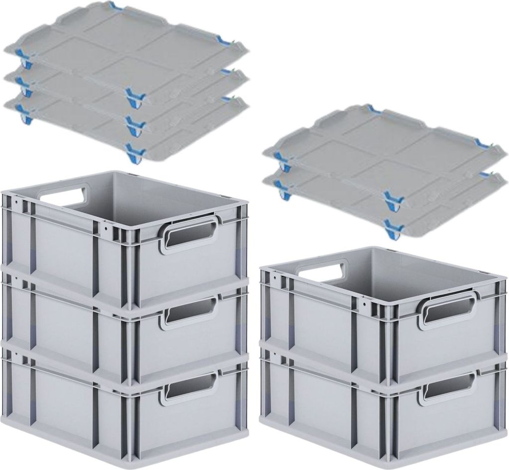 SparSet 5x Eurobox NextGen Grip mit Auflagedeckel inkl. 4 blauen Schiebeschnappverschlüssen | HxBxT 17x30x40cm | 16 Liter | Griffe offen | Glatter...