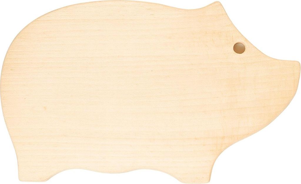 A wooden cutting board shaped like a pig.