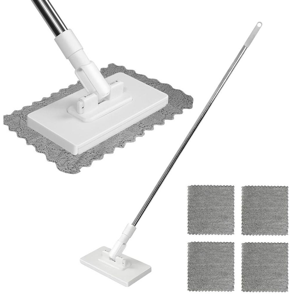 Mikrofaser Reinigungsmopp mit 4 Tücher, Bodenwischer mit Stiel, Wischmopp mit Druck-Klemm-System EIN Knopf zum Wechseln Automatisches Klemmtuch