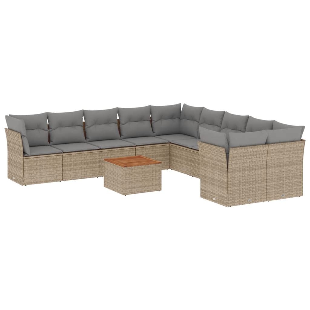 vidaXL 11-tlg. Garten-Sofagarnitur mit Kissen Beige Poly Rattan