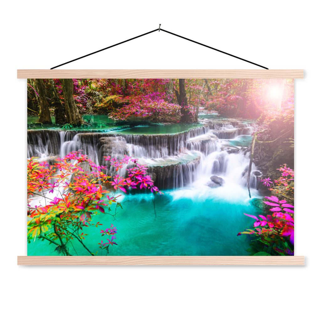MuchoWow Textilposter Wasserfall - Sonne - Bäume - Regenbogen - Natur 120x80 cm mit holzfarbenen Rahmen - Aufhängeset