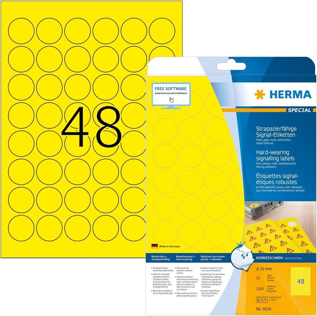 HERMA Signal-Etiketten A4 30 mm gelb Folie 1200 St.