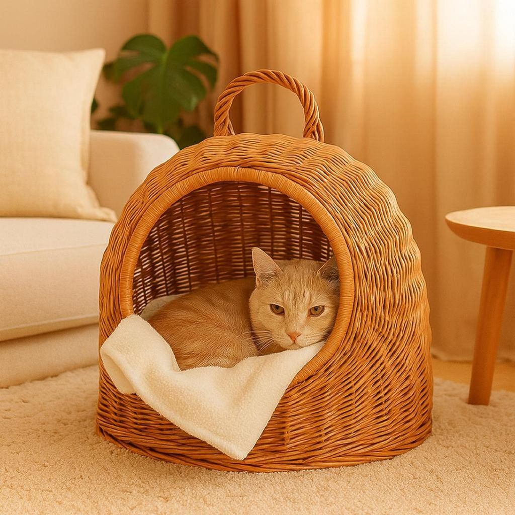 QLS Hunde- Katzenbett aus Weide - 40x34x35 cm Körbchen mit Griff Handgeflochten 11360