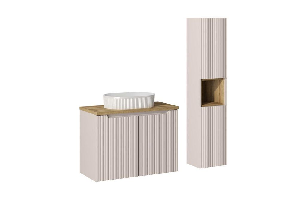Badmöbel-Set Mit Hochschrank 2 Türen & Arbeitsplatte 80 cm Aufsatzwaschbecken & Unterschrank , Nova Cashmere N BM144 - Kaschmir Matt/ Evoke Eiche