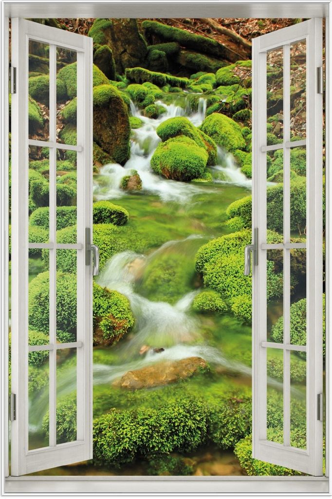 Wallario Wandbild mit Fenster-Illusion: Moosiger Bach, Größe: 61 x 91,5 cm, Poster mit weißem Aluminiumrahmen