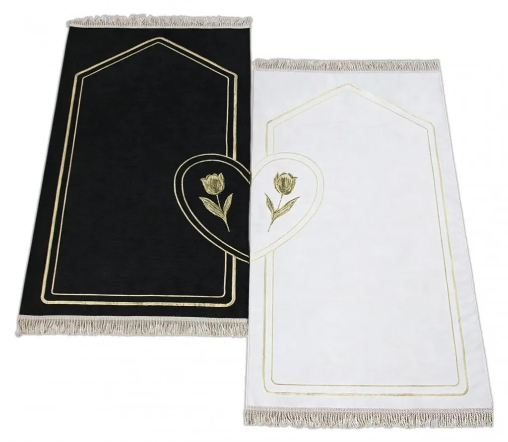 Tapis de prière doux Partner élégant motif tulipes - Noir et Blanc