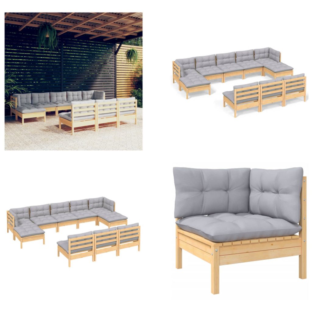 vidaXL 10 tlg. Garten Lounge Set mit Grauen Kissen Kiefernholz - Garten-Lounge-Set - Garten-Lounge-Sets - Gartenmöbel-Set - Gartenmöbel-Sets