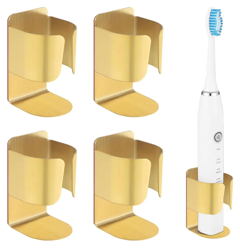 Support brosse à dents électrique mural en acier inox doré - Lot de 4