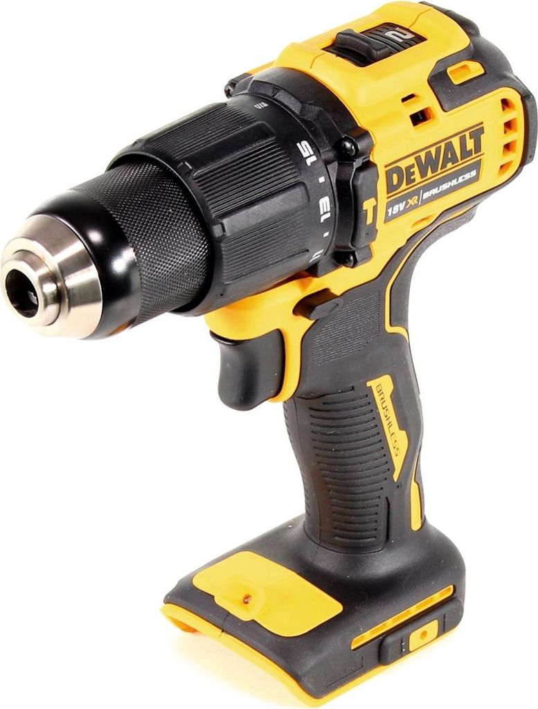 A studio shot of a cordless drill on a white background.