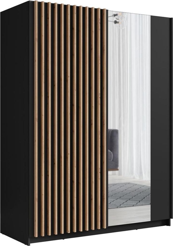 Schlafzimmer Schwebetürenschrank mit 150 cm Breite in schwarz mit Eiche, Schwebetüren mit Spiegel und Lamellenfront - DOBRA-166