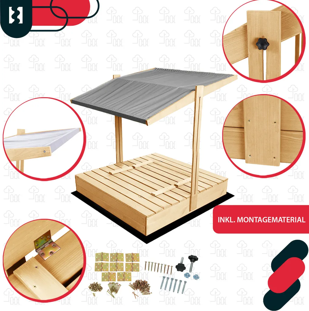 KOTARBAU® Sabbiera con copertura 100 x 100 cm Grande sabbiera in legno di colore naturale con tetto grigio sabbiera con copertura sabbiera con tetto giocattolo da giardino per bambini impregnata chiudibile a chiave con panchine - 5