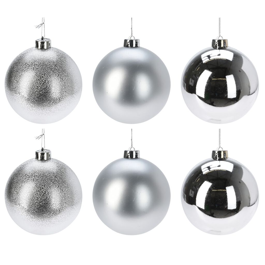 6 x Weihnachtskugeln aus Kunststoff Ø 12 cm silber matt+glanz+glitzer wetterfest für Innen und Außen - Christbaumkugeln – Weihnachtsbaumkugeln