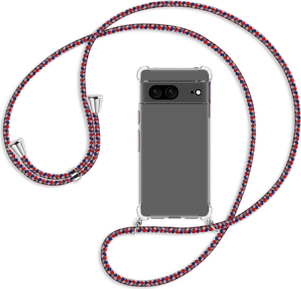 Handykette Backcover-Schutzhülle mit Band (Metall silberfarben) für Google Pixel 7 - silber/blau/rot