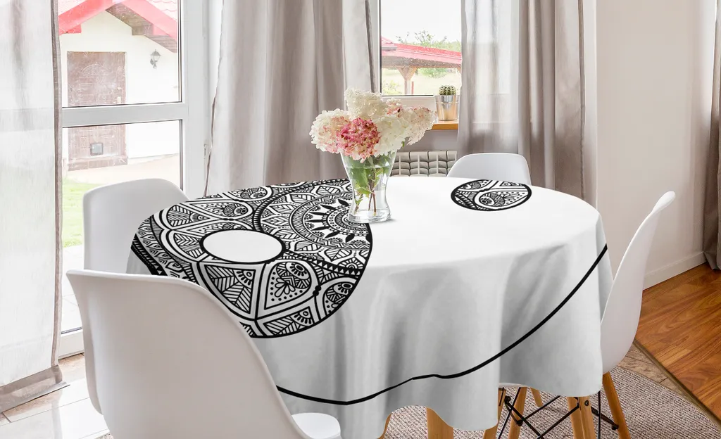 ABAKUHAUS Tovaglia rotonda Mandala, simboli tradizionali Ying Yang, tovaglia circolare per sala da pranzo e cucina, 150 cm, bianco e nero
