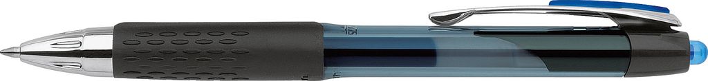 A close-up, side view of a blue and black gel pen against a white background.