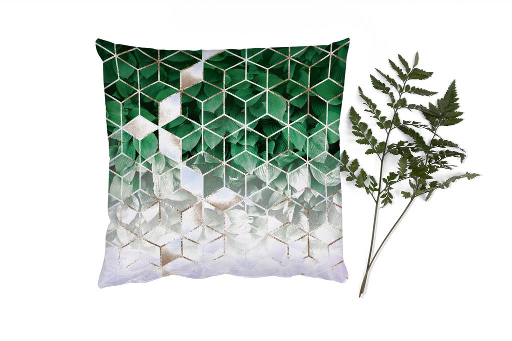 MuchoWow Zierkissen Sofakissen Wohnzimmer Dekokissen 60x60 cm Blätter - Gold - Würfel - Luxus - Sitzfläche - Foto Polster