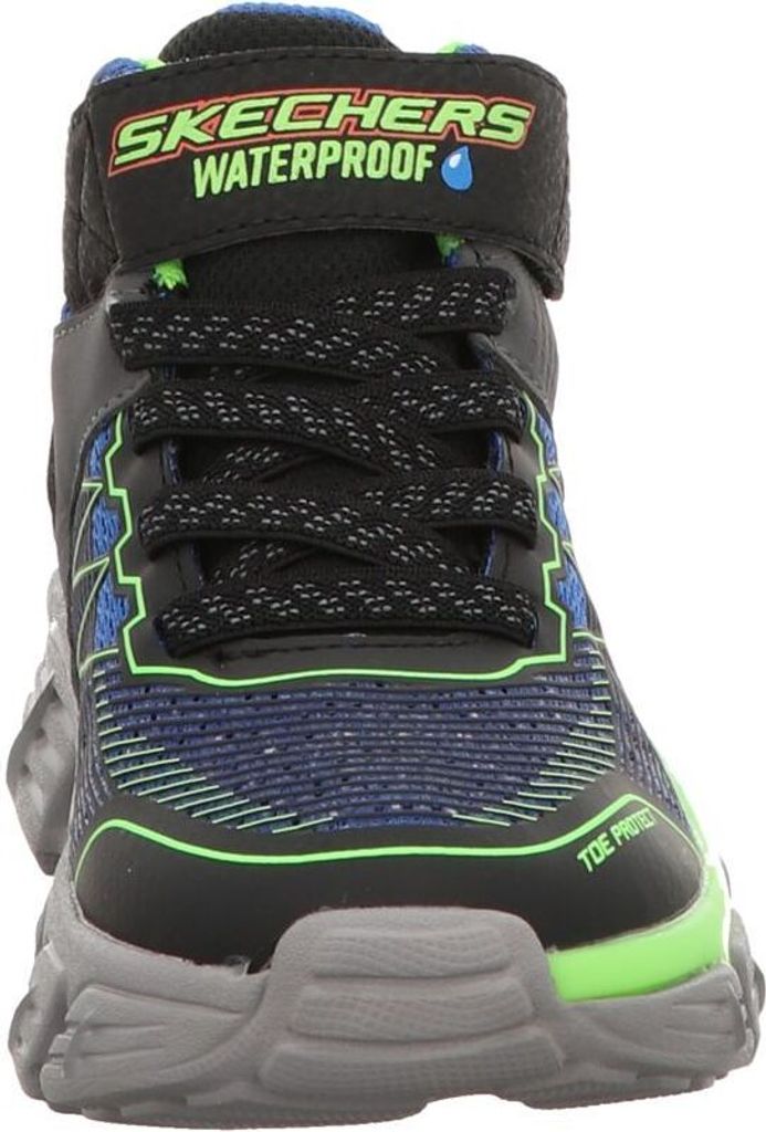 A close-up front view of a child's Skechers waterproof boot.