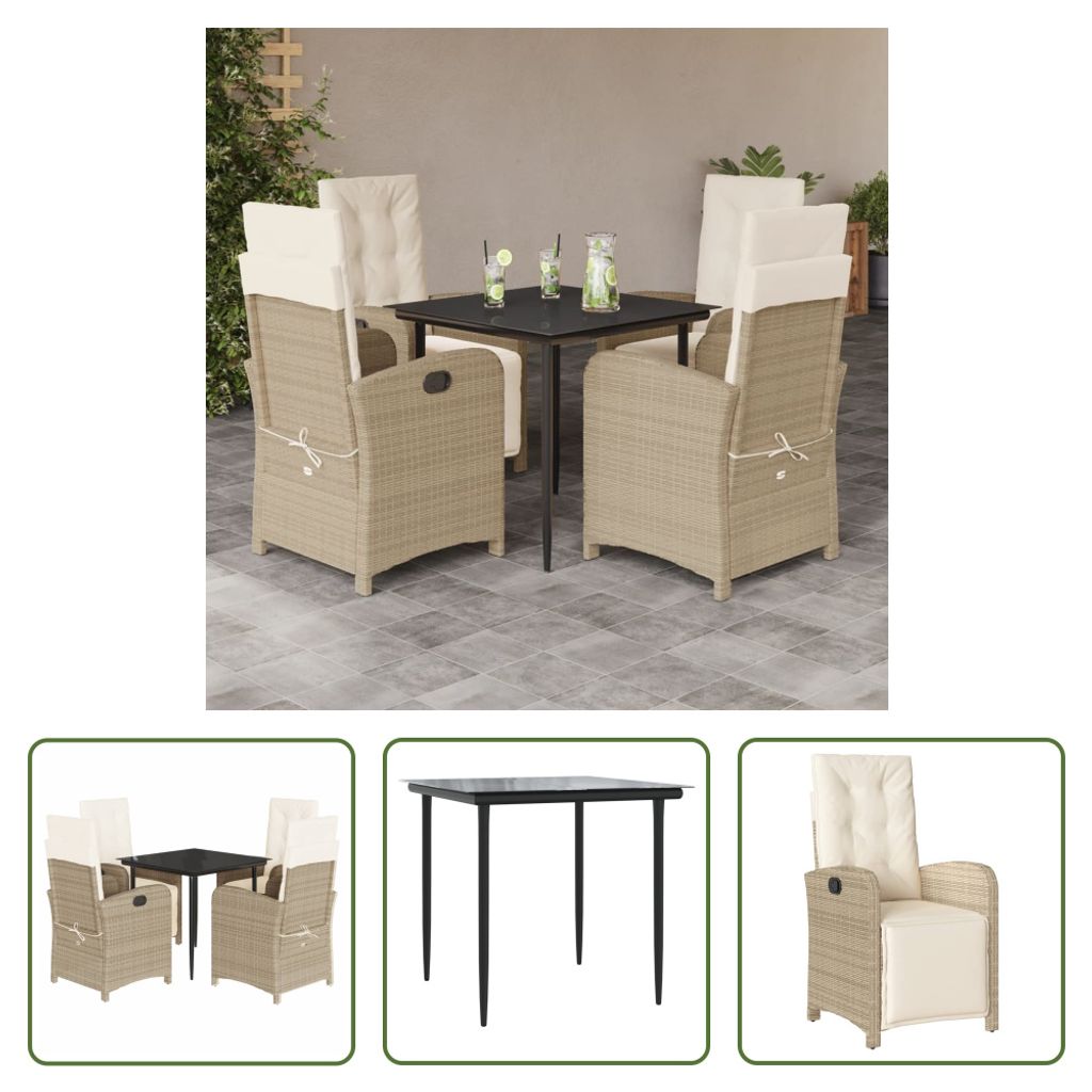 The Living Store 5-tlg. Garten-Essgruppe mit Kissen Beige Poly Rattan