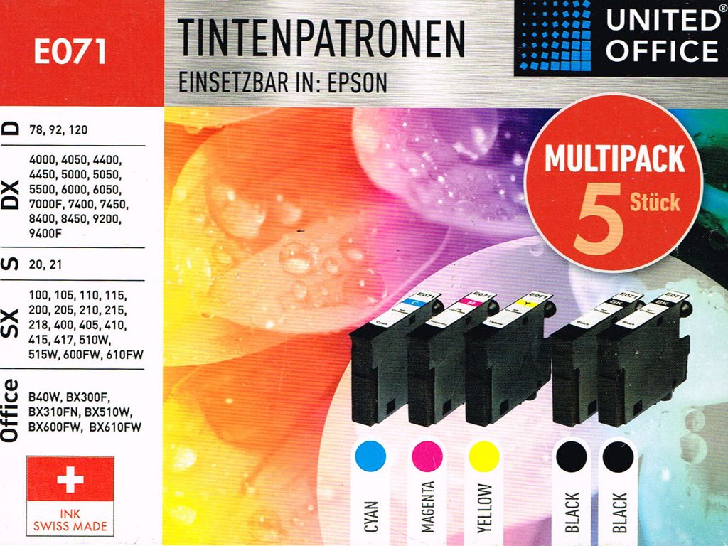 A marketing image for United Office Epson ink cartridges, showing a multipack of 5 cartridges and listing compatible printer models.