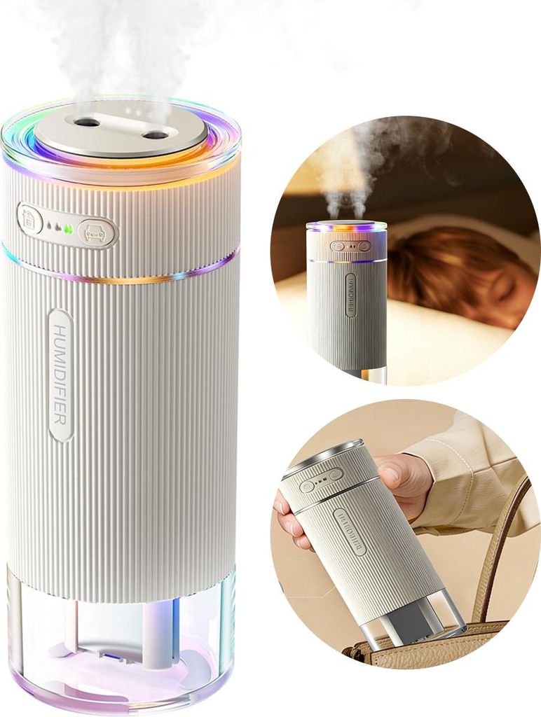 Tragbarer Mini Ultraschall Luftbefeuchter, Doppel-Düse, kalter Nebel, LED-Ambiente, leise, für Schlafzimmer, Babyzimmer, Büro & Auto