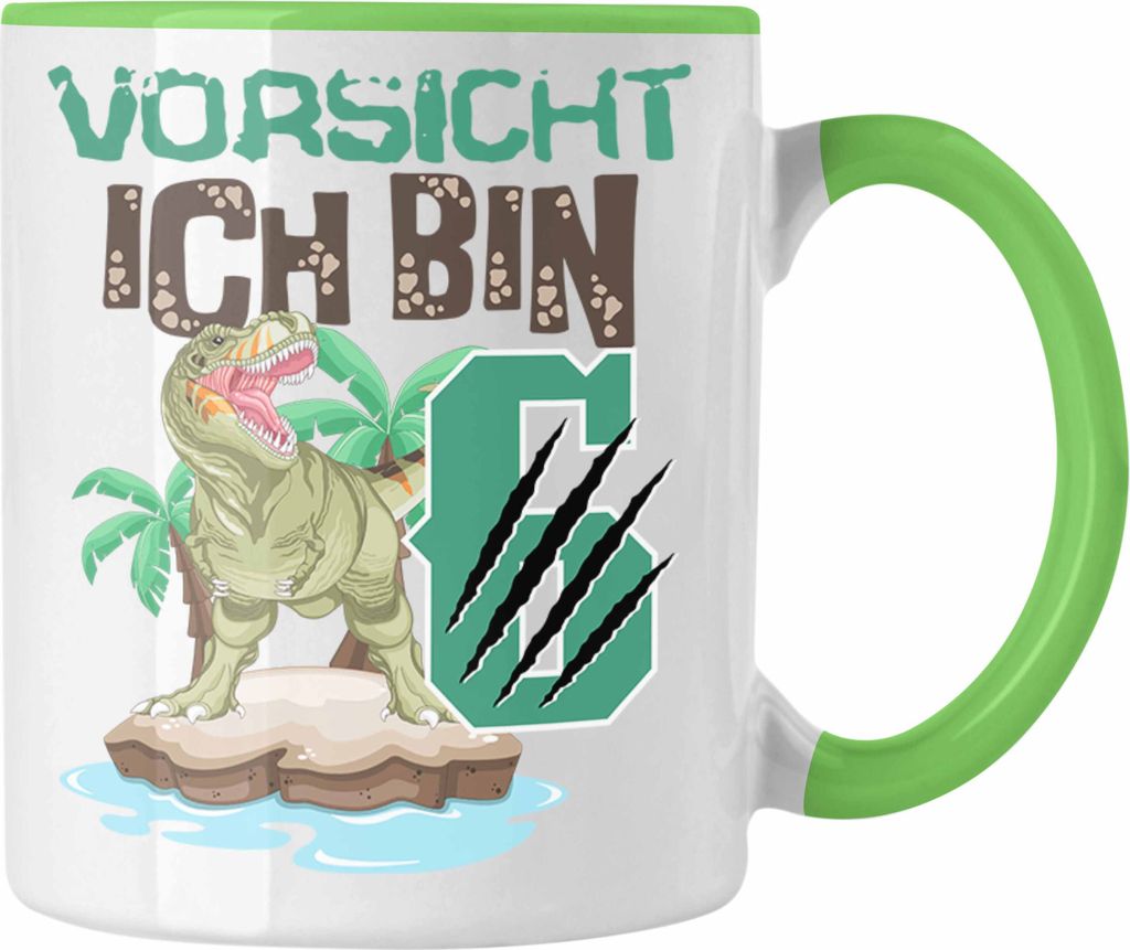 Trendation - Vorsicht Ich Bin 6 Geschenk 6er Geburtstag Geschenkidee Jungs Dinosaurier Tasse Becher T-rex (Grün)