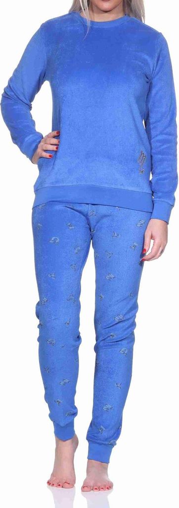 Damen Frottee Schlafanzug langarm Pyjama mit Bündchen - auch in Übergrössen ; blau , 48
