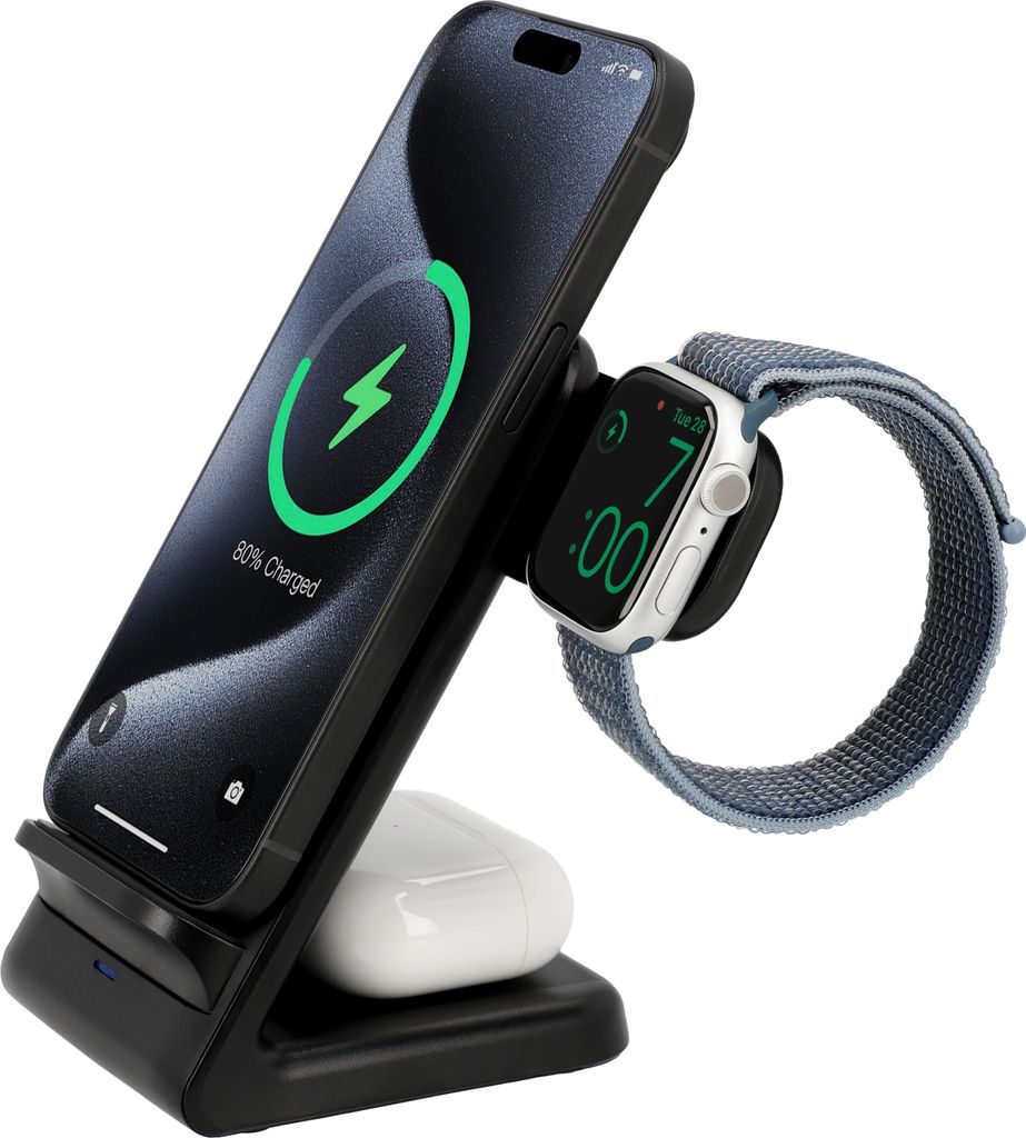 Cazy 3 in 1 Wireless Charger Stand, USB-C, LED-Licht, Schnellladung, Geeignet für Qi-Geräte, Ladestation, Schwarz