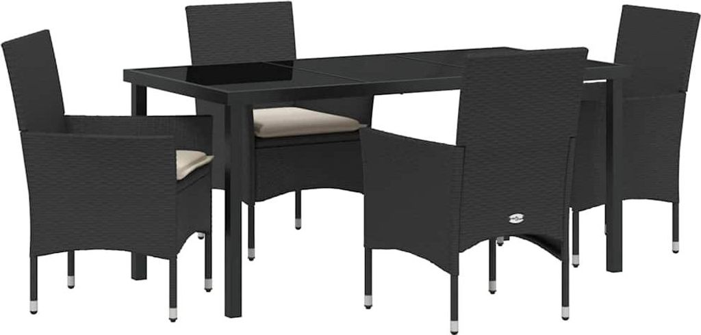 "2026 Aktion" Garten Essgruppe - elegantes Design - Sitzgruppe/Tisch+ Stuhl - mit Kissen 5 pcs Schwarz Poly-Rattan - Terassenmöbel NeuMöbel370348