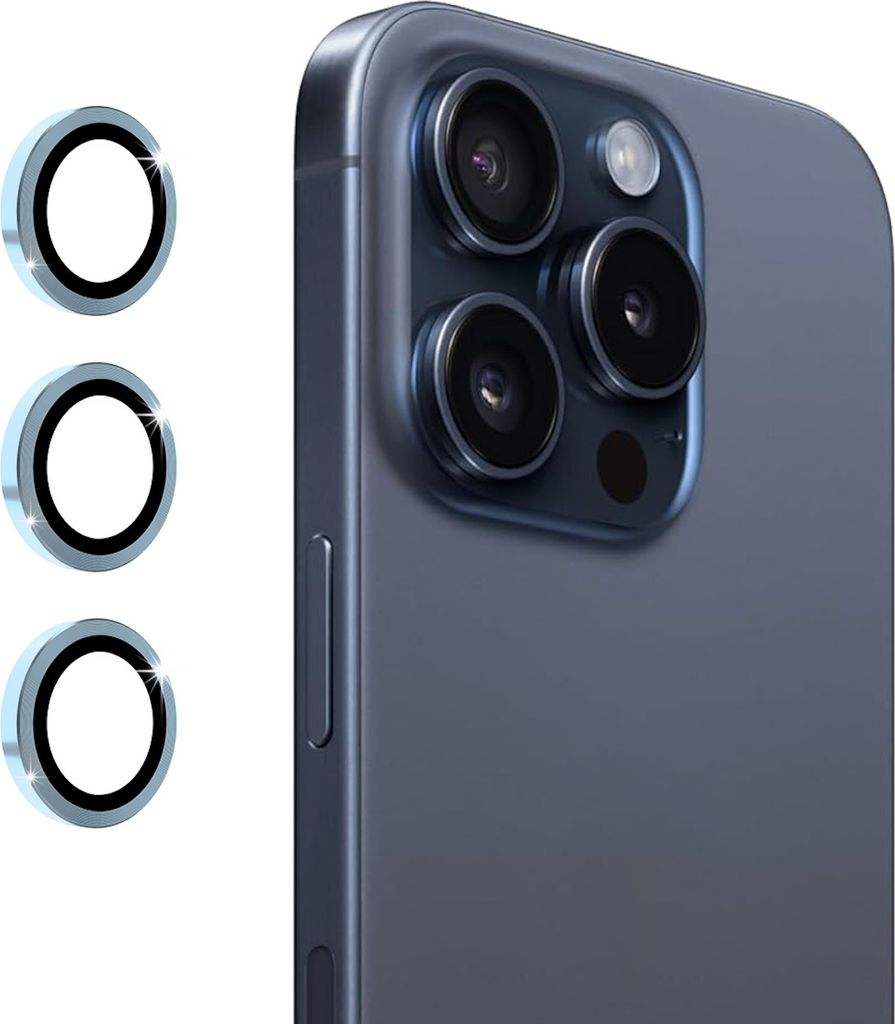 Für Apple iPhone 16 Pro / 16 Pro Max Aluminium Ring Kamera + H9 Tempered Hart Glas Hellblau