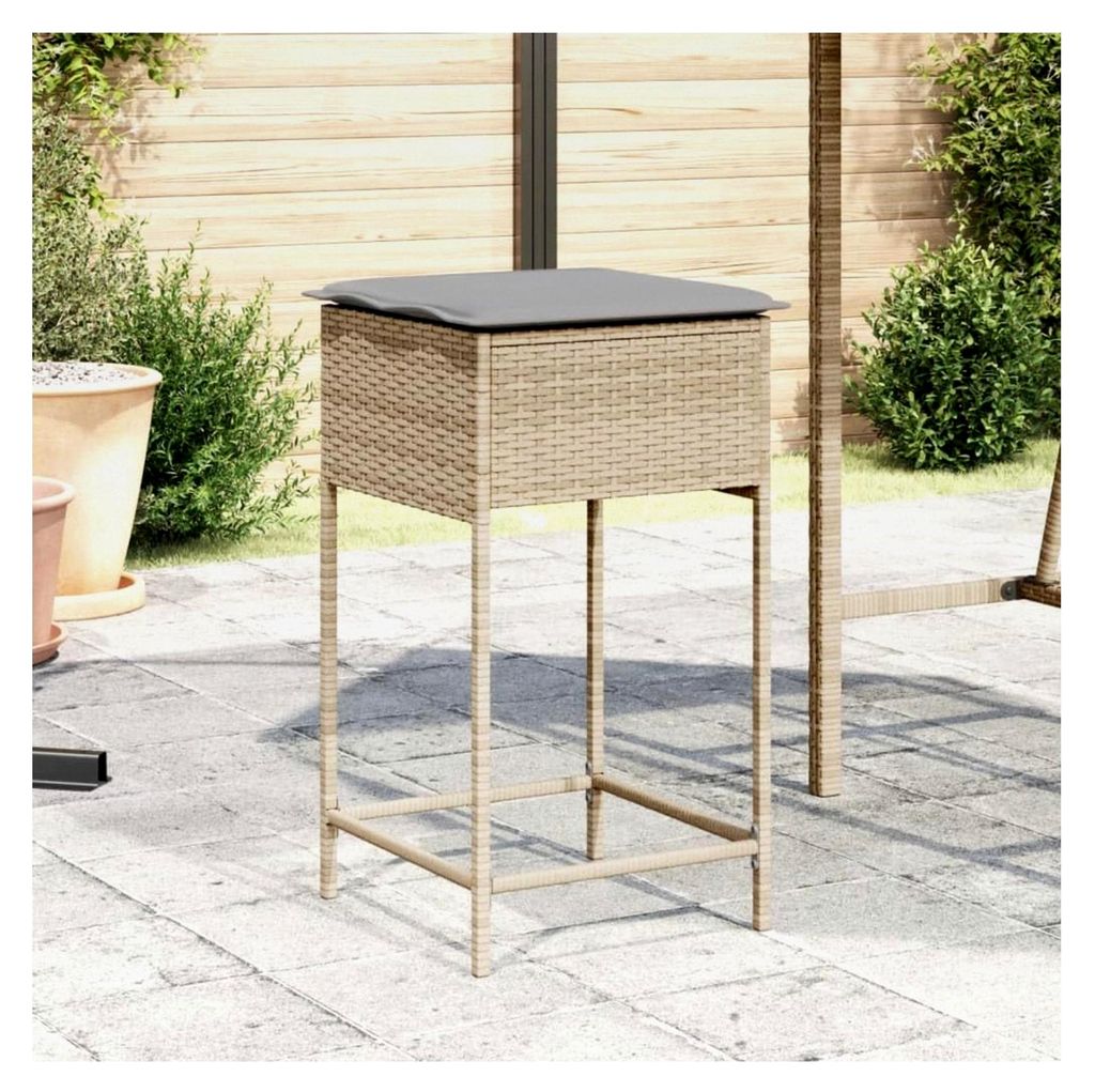 Garten-Barhocker mit Kissen, 2er-Set, Beige Poly Rattan, UV-beständig, 76 cm Sitzhöhe, für Terrasse und Balkon