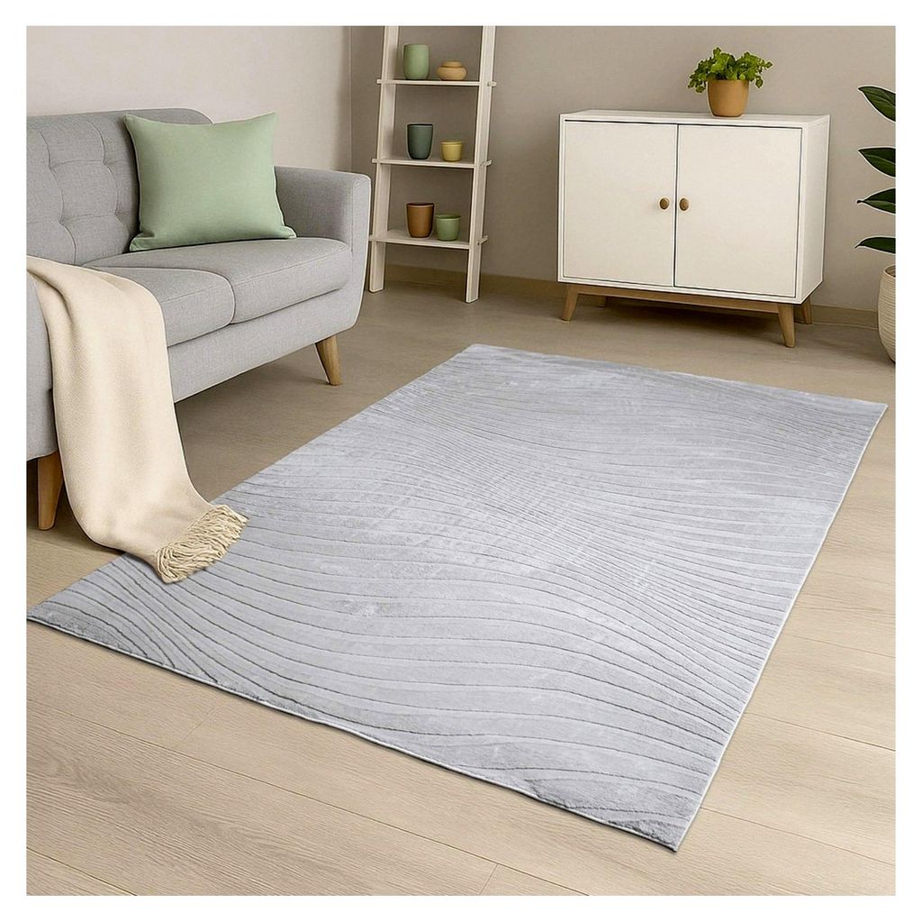 Teppich für das Wohnzimmer Kurzflor - 200x290 cm in Grau - Modernes Wellenmuster in 3D-Optik - Weiche & angenehme Haptik - Pflegeleichte Teppiche ...