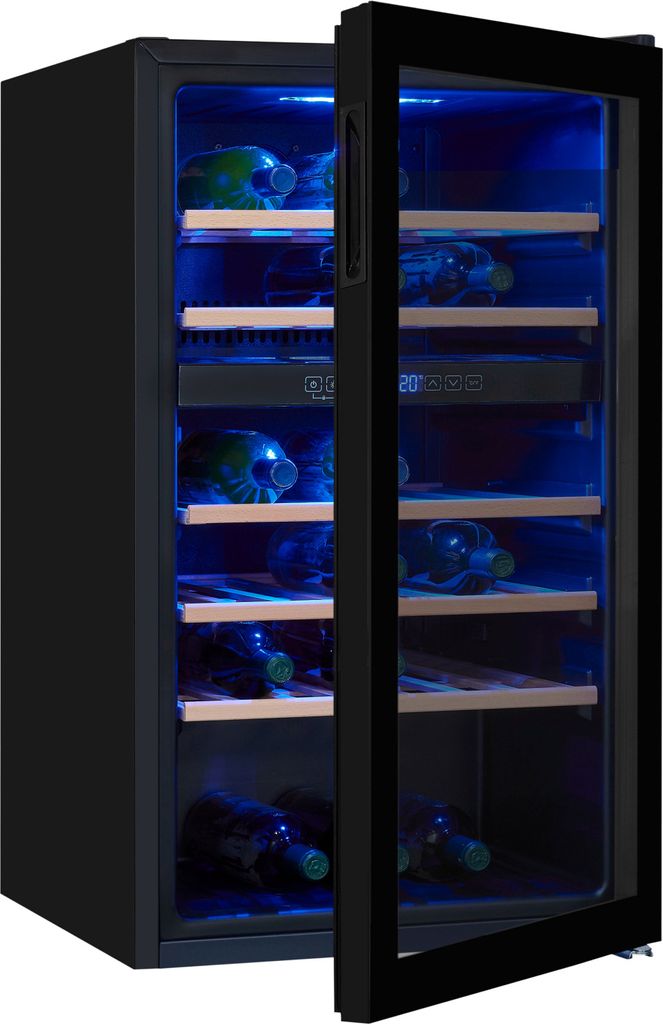 A black wine cooler with its door ajar, revealing wooden shelves and bottles illuminated by blue LED lights.