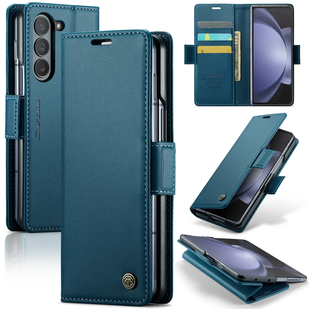 Custodia per Samsung Galaxy Z Fold 5, carta di blocco RFID, custodia in pelle avanzata con funzione di supporto Blu