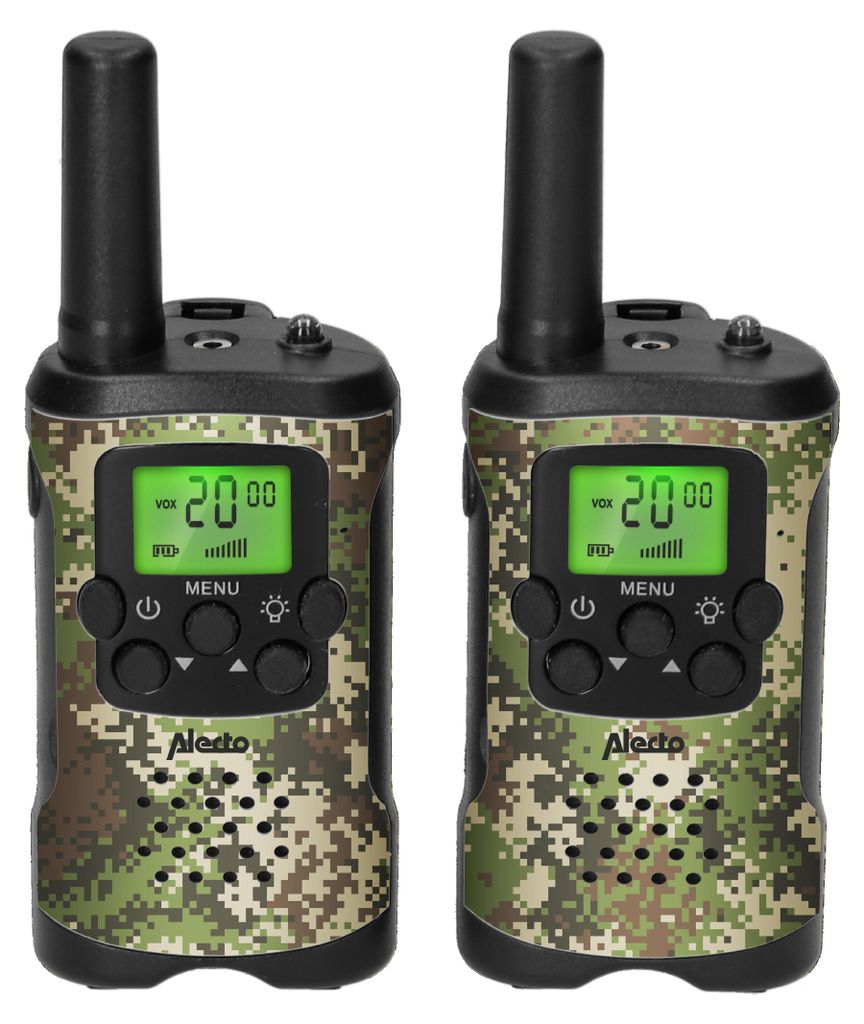 Two Alecto walkie-talkies with a camouflage pattern are shown side-by-side against a white background.