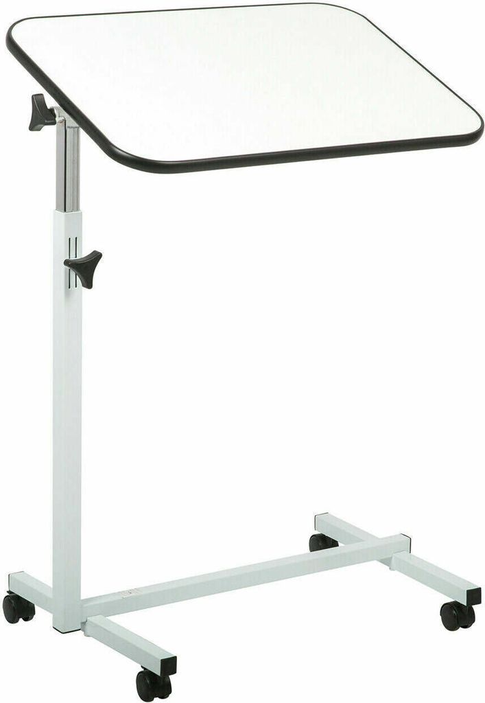 A white adjustable bedside table with a rolling base.